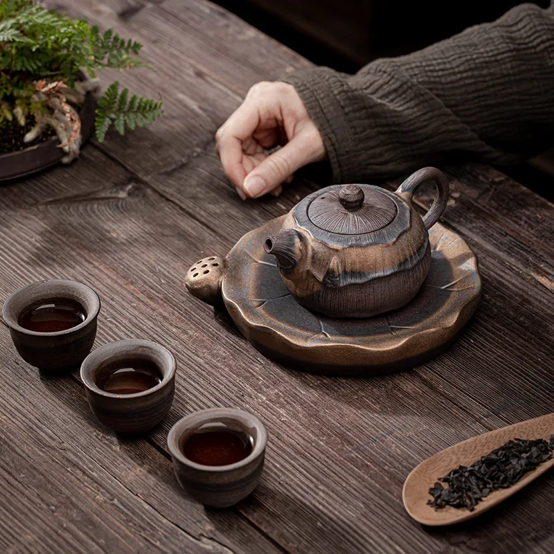 Vintage Lotus Teapot Handmade Rough Pottery Teaware Ceramic Vintage Kung Fu Tea Infusion Tea Making Utensils Tool Tea Kettle Pot