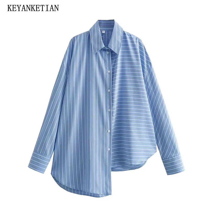 

KEYANKETIAN 2024 New Launch Women's Asymmetrical Striped Blouse Unisex style Single Breasted Loose Spring Shirt Mid-Length Top