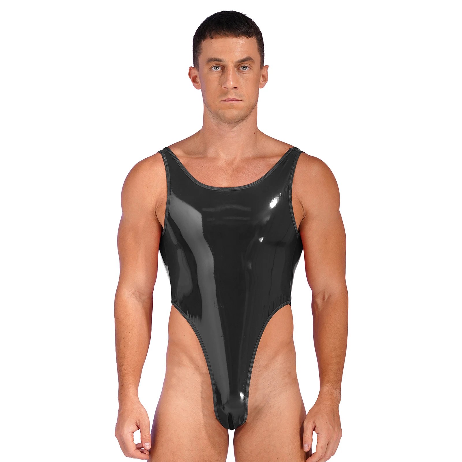 thumbnail image 1 of Body sexy de charol sin entrepierna y corte alto para hombre, mono de una pieza con efecto mojado, sin espalda, sin mangas, ropa de club, 1 of 5