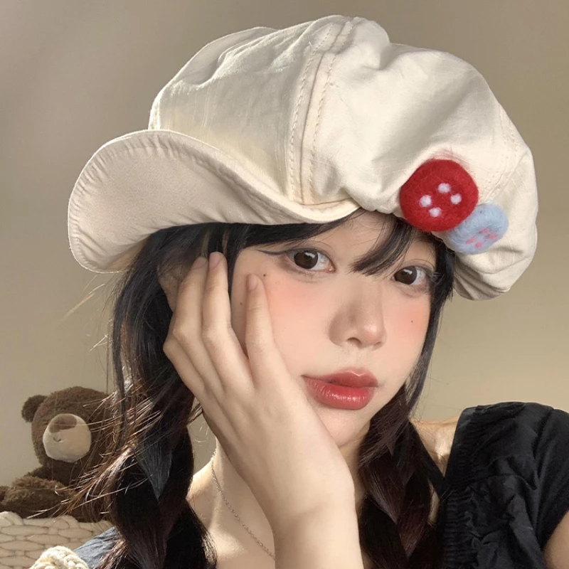 여성용 문학적 다채로운 펠트 단추 디자이너 베레모 모자, 작은 얼굴 표시, 일본..