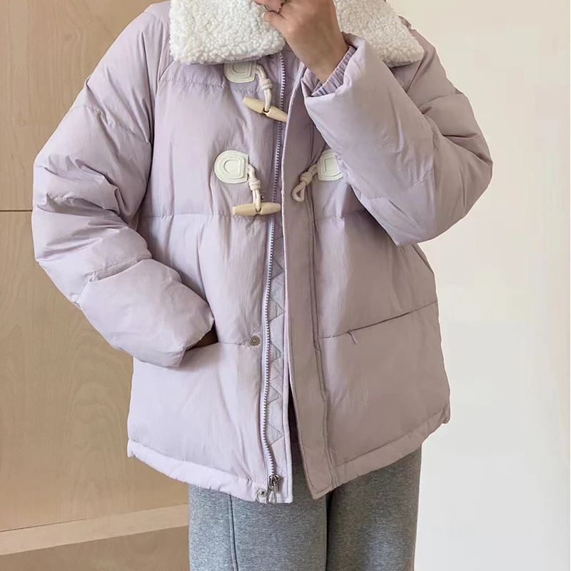

2023 Winter New Cowhorn Button Down Coats Women's Short POLO Collar Thickened Coat Winter White Duck Down Jacket Women Пуховик