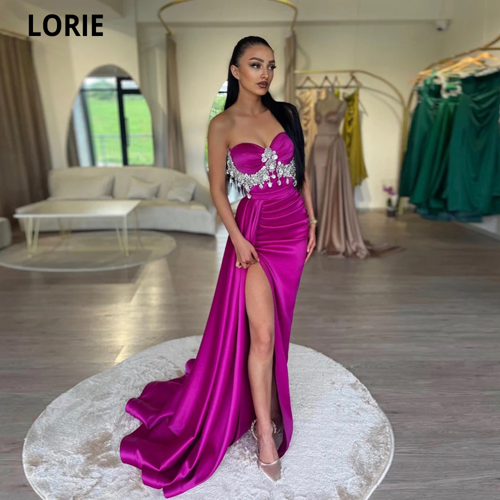 

LORIE Fuchsia Mermaid Evening Dresses Vestidos De Fiesta Sweetheart Crystals Arabic Dubai Formal Gowns Leg Slit Evening Gowns