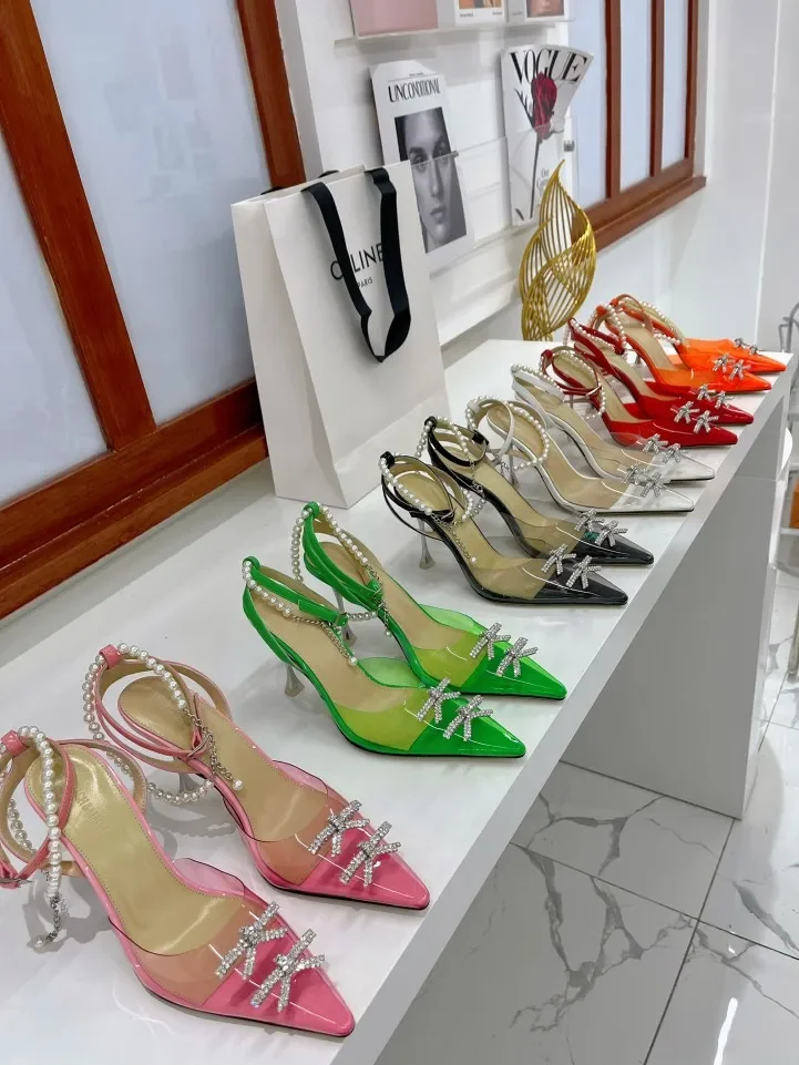 

2023 Spring/Summer New Mach Diamond Bow High Heel Shoes Pointed Film Pearl Sandals Thin Heel Baotou Sandals