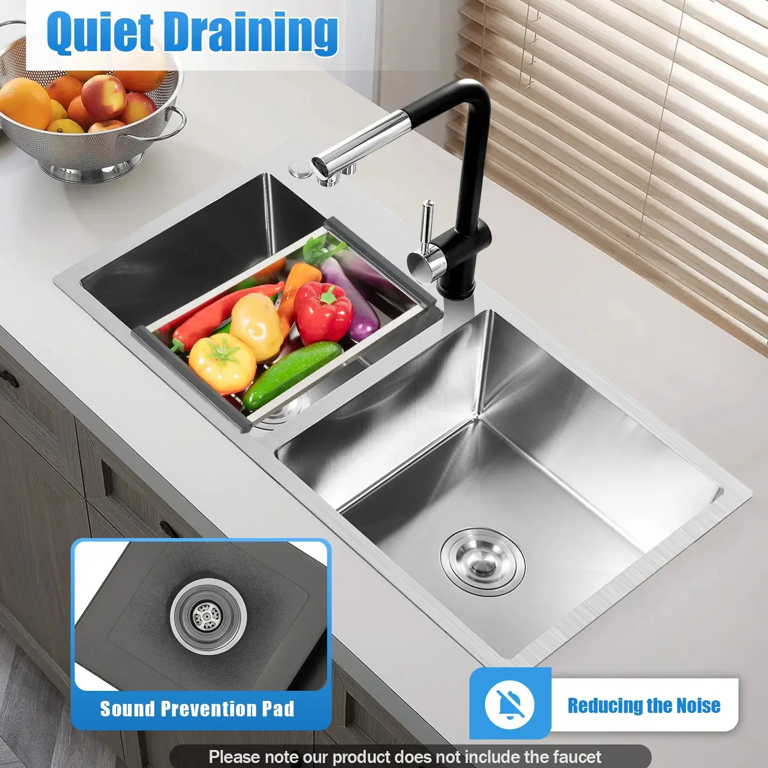 

Kitchen Sink Stainless Steel Waterfall Sink Embossed Large Two Slots Wash Basin Multifunctional Tank for Kitchen