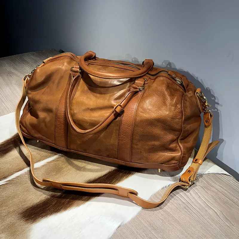 Vintage luxury natural genuine leather men's large-capacity travel bag weekend outdoor soft real cowhide big luggage bag Youth