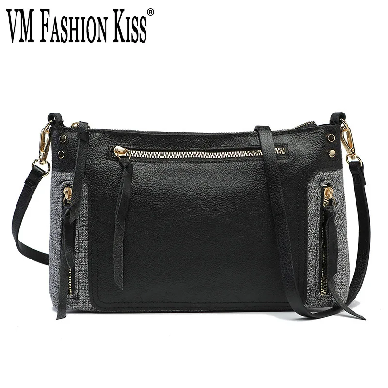 

VM FASHION KISS 2024 NEW Women Crossbody Bag Microfiber + Canvas Patchwork Casual Black Shoulder Ladies Day ClutchesBags
