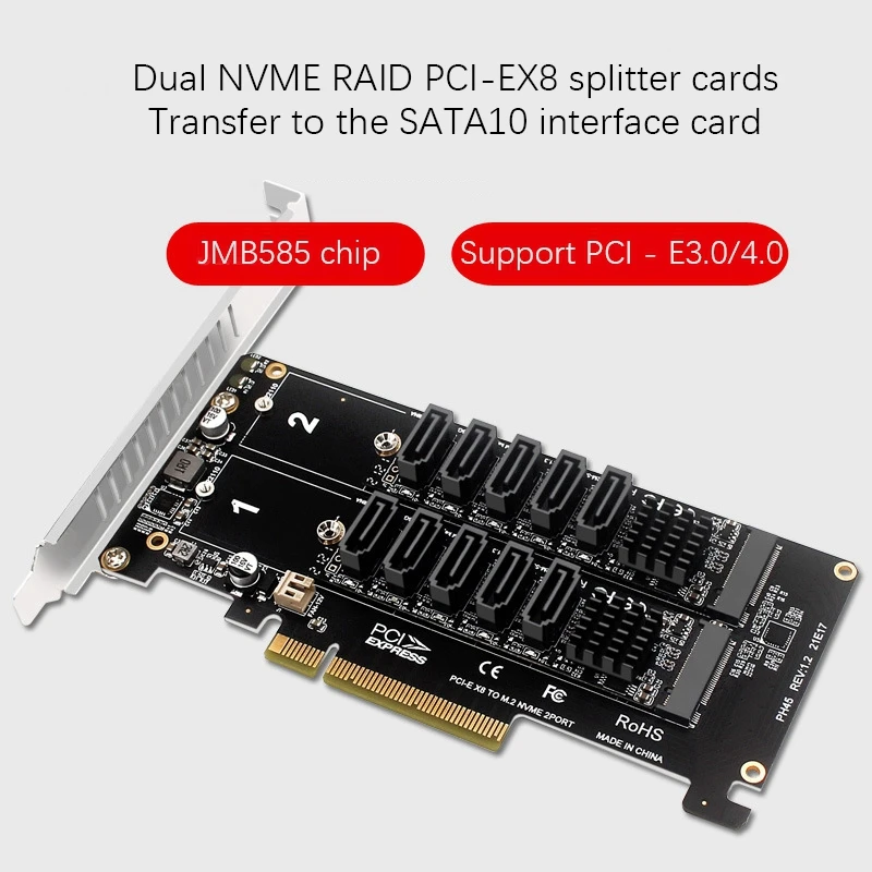 Pci-e Sata Placa de Expansão Dupla Nvme Raid Pci-e x8 Dividir Cartão para Sata 10-port Adaptador Pcie Cartão Jmb585 Chipset - Imagem 3