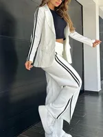Autumn New Elegant Office Lady Suit 2024 Fashion Lapel No Buckle Blazer Striped Side Split Straight Trousers Two Piece Set Woman 3
