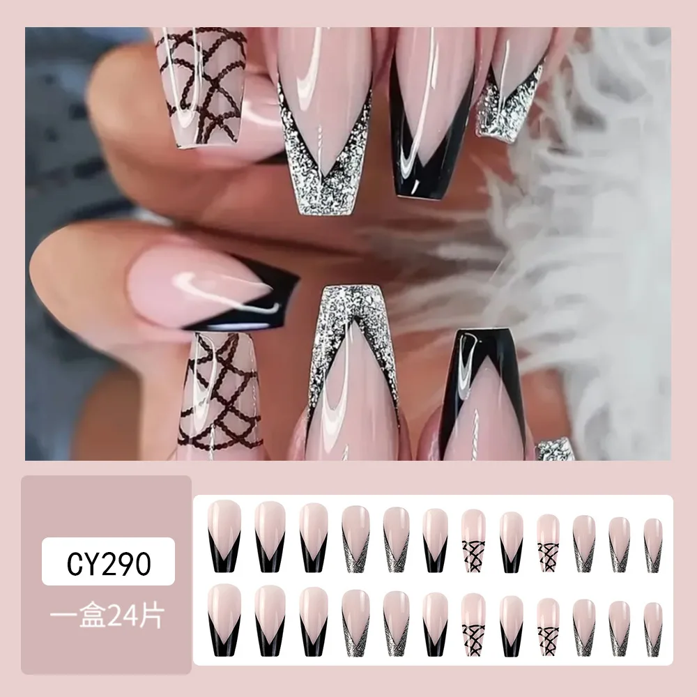 

24Pcs Long Coffin False Nails French Silver Glitter Design Press On Full Cover Fake Nails Tips Wearable Manicure Art Accessories