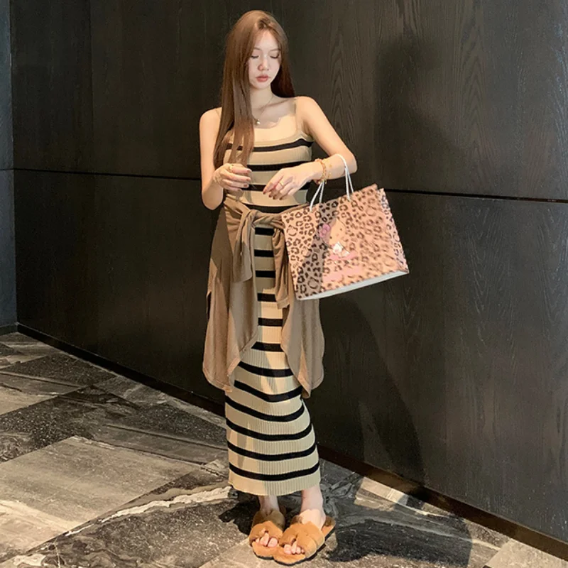 임산부 세트 편안한 슬리밍 스트라이프 니트 홀터 드레스 자외선 차단 오픈 가디건 봄 신상 투피스 트렌디 코튼 블렌드