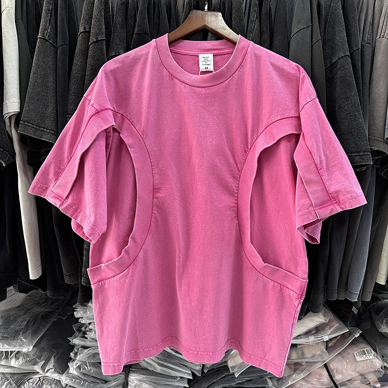 

2024 Summer T-shirt Splicing Deconstructed Round Neck Loose Short Sleeve High Street Retro Solid Color Simple T-shirt