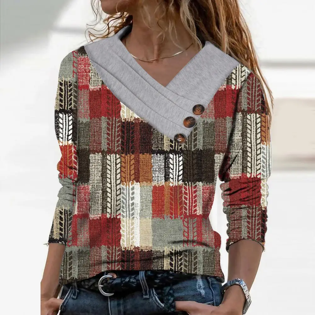 

Soft T-shirt Women Casual Shirt Vintage Floral Plaid V-neck Pullover Stylish Loose-fit T-shirt for Women for Spring Fall