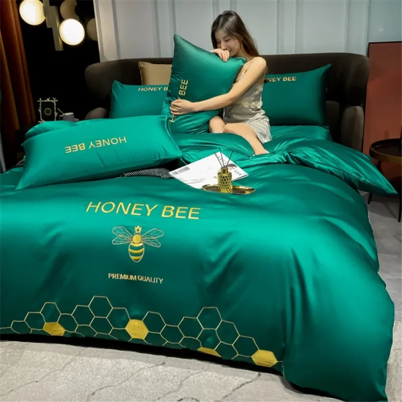 

Green Comforter Covers 100% Cotton Luxury Bedding Set Bee Embroidery Solid Color Soft Highend Quilt Cover 3/4 Piece Set