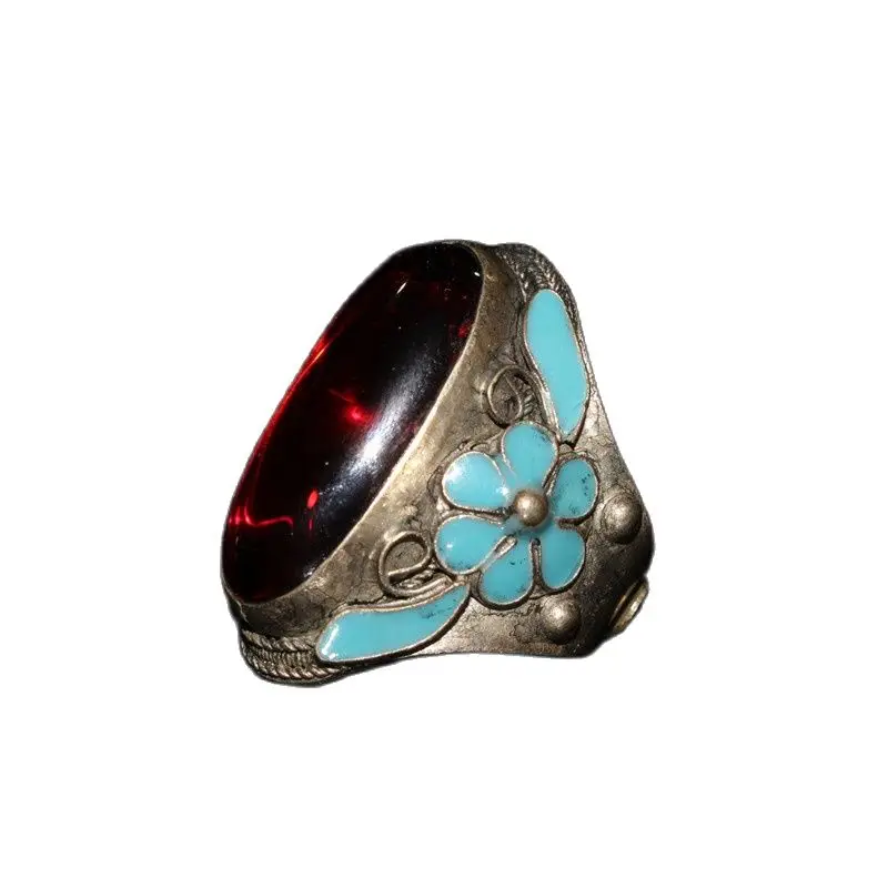 Anello In Argento Con Zircone Rosso Intarsiato Cloisonne In Argento Tibetano Antico Cinese