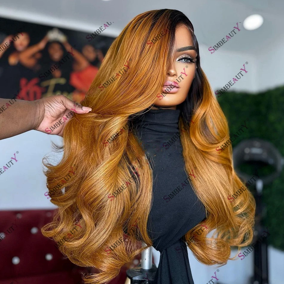 

Honey Blonde Natural Wave 200 Density Glueless Ombre Brazilian Human Hair Lace Front Wig for Women 360 Lace Frontal Wig Wavy