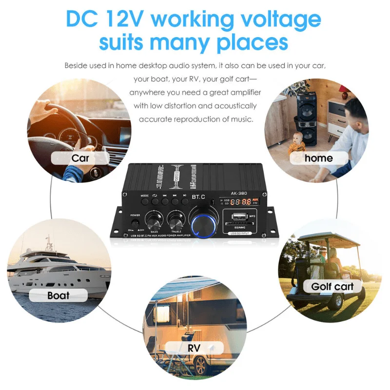 Sound Amplifier for Car Channel 2.0 HIFI Bluetooth Amplifiers Home Digital Audio DC 12V Amp AK380 Amplifiers for Car Bass Treble