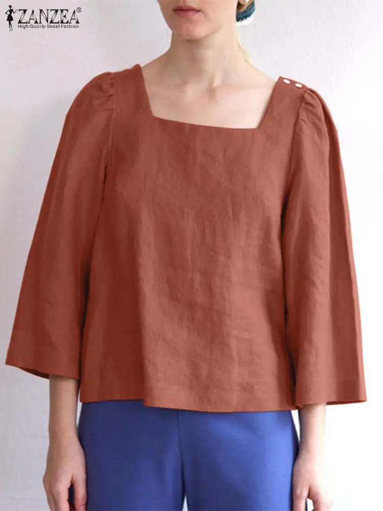 

Блузка ZANZEA женская с квадратным вырезом и рукавом 3/4, модная повседневная однотонная туника, элегантная Свободная рубашка, весна 2023