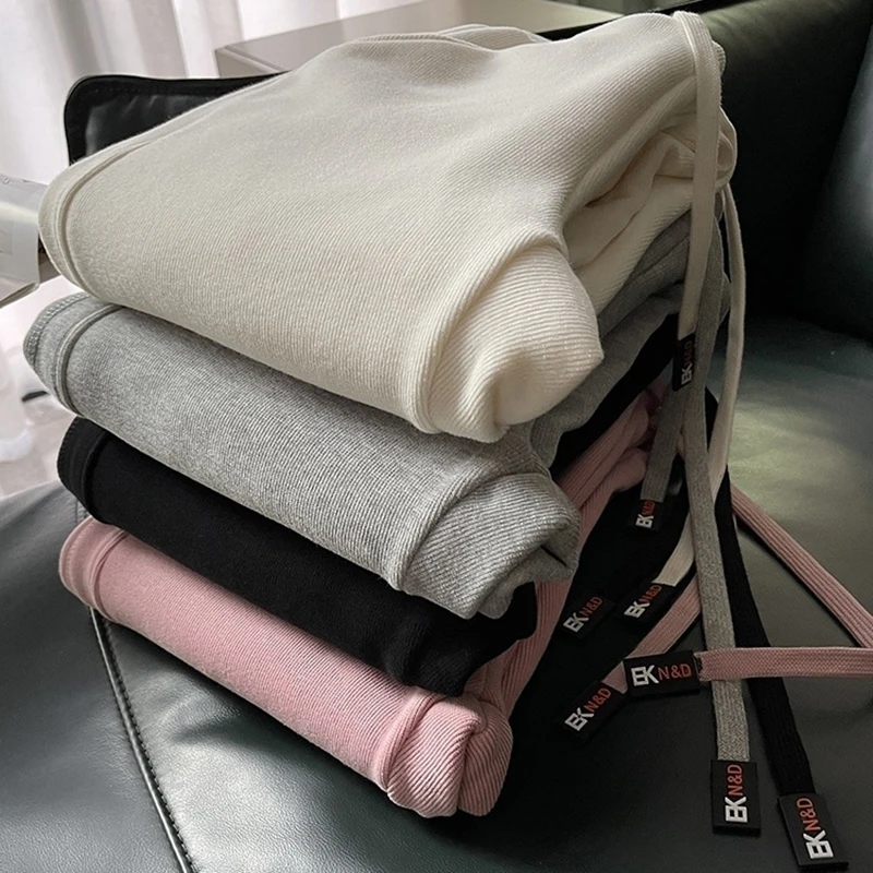 Women Winter Thick Sweatpants Korean Fashion Plus Velvet Lace Up High Waist Harem Pantalones Casual Warm Solid Colors Trousers