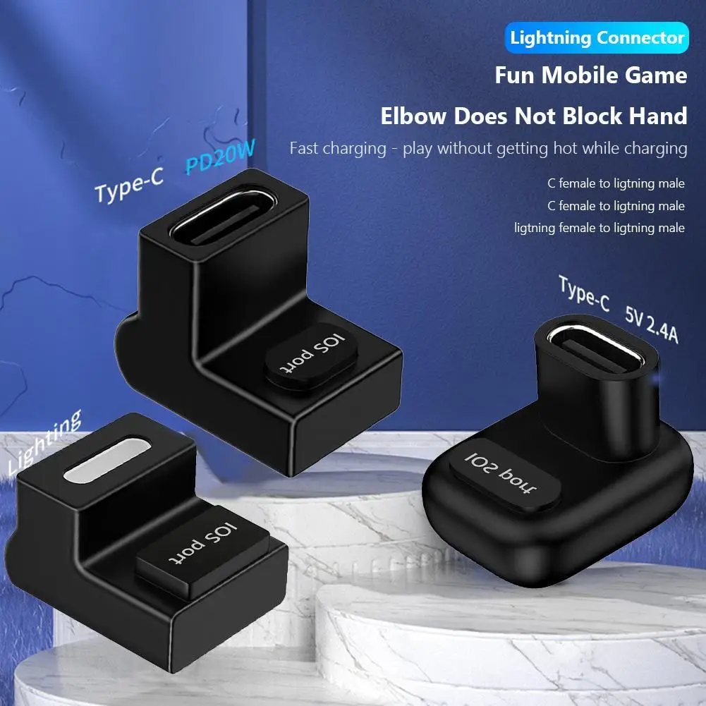 Type-C Female PD20W To 8 Pin Adapter U Shape 8 Pin Angle Adapter 180 Degree Angled 8 Pin Male To USB C Female Adapter for iPhone