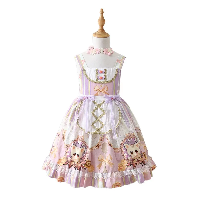 Children Sweet Lolita Dress Women Vintage Gothic Printed Summer Sleeveless Dress Japanese BowBear Kawaii Princess Maid JSK