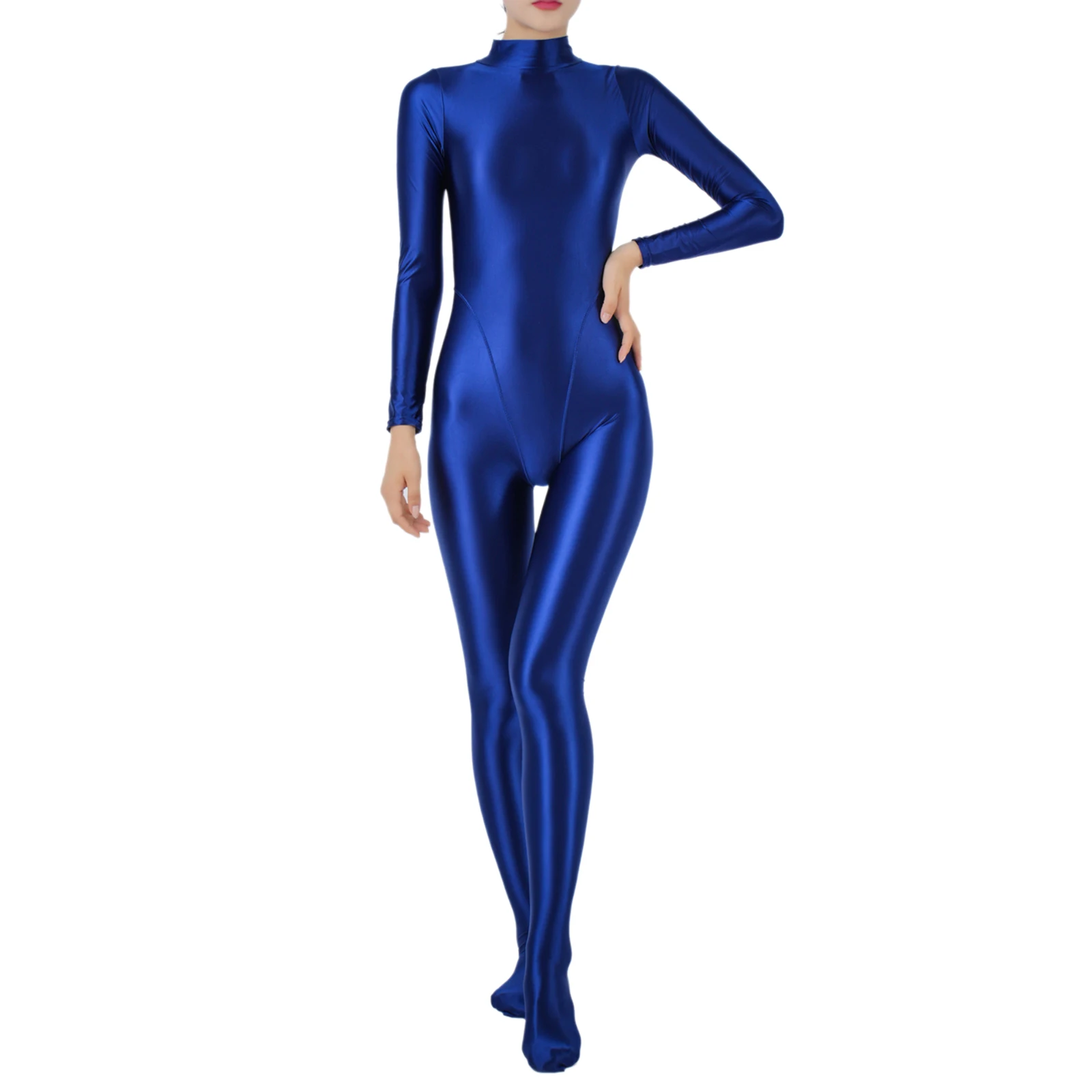 thumbnail image 1 of Body de mujer con efecto brillante al óleo, lencería para culturismo, gimnasio, fitness, cuello alto, manga larga, mono, traje de baño con protección contra erupciones, 1 of 5