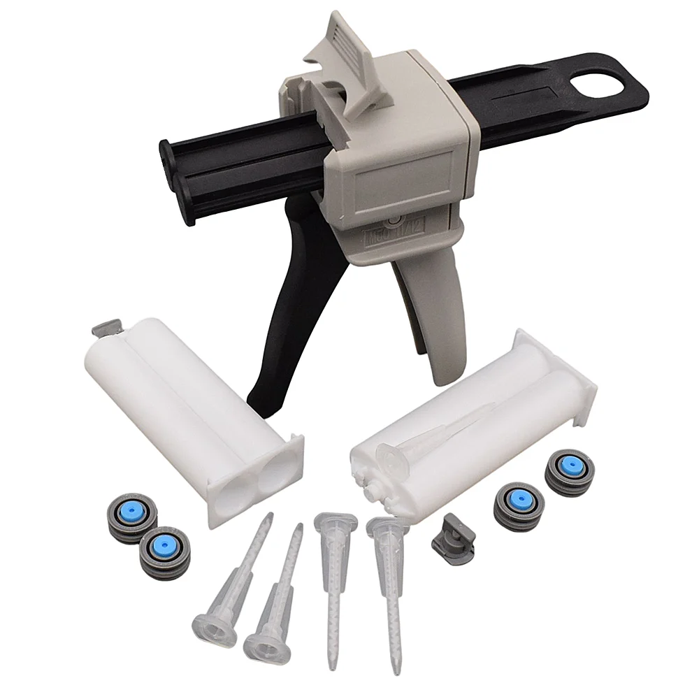 

50ml 1:1 Adhesives Dispenser AB Glue Guns Manual Caulking Gun with 5pc Static Mixing Nozzles and 2pcs 50ml Empty Dual Cartridges