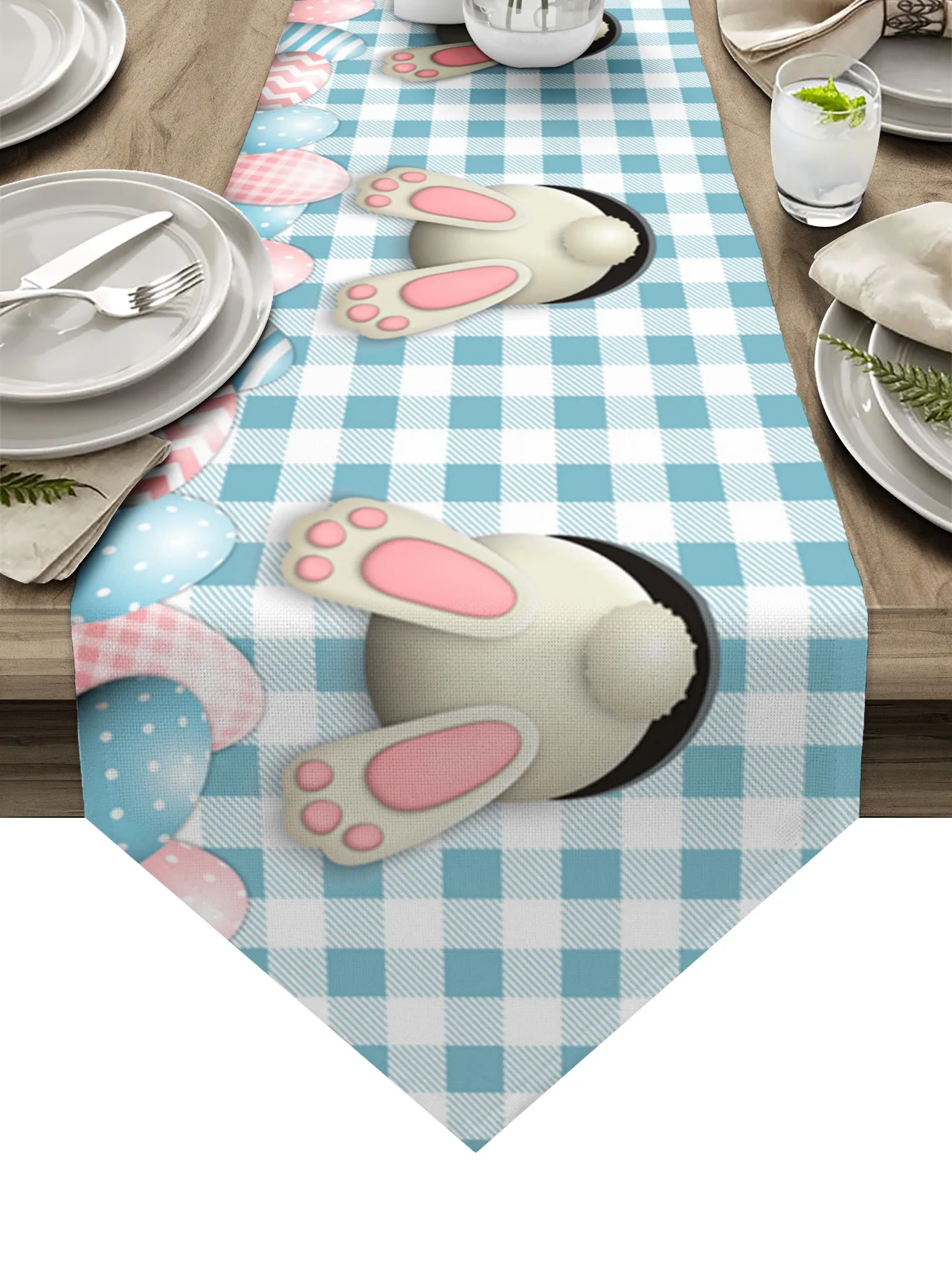 

Easter Bunny Egg Blue Plaid Table Runner Wedding Party Tablecloth Coffee Dinning Table Decoration Table Runner