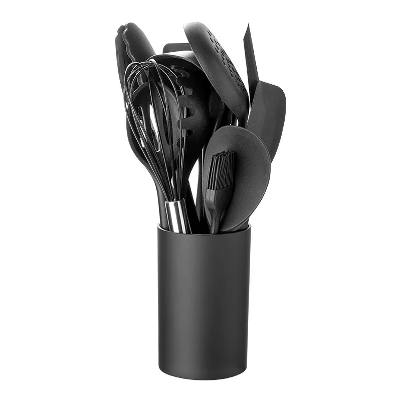 Black silicone cooking utensils set non-stick pan baking tools kitchenware slotted turner spatula spoon food tongs kitchen kit