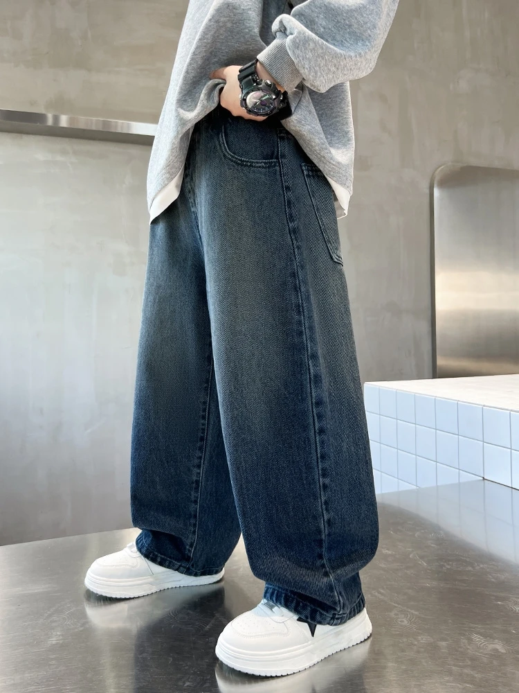 Boys Jeans Spring Autumn Fashionable Wide Leg Straight Casual Kids Denim Pants Trendy Children's Clothing Elastic Waistband - 4