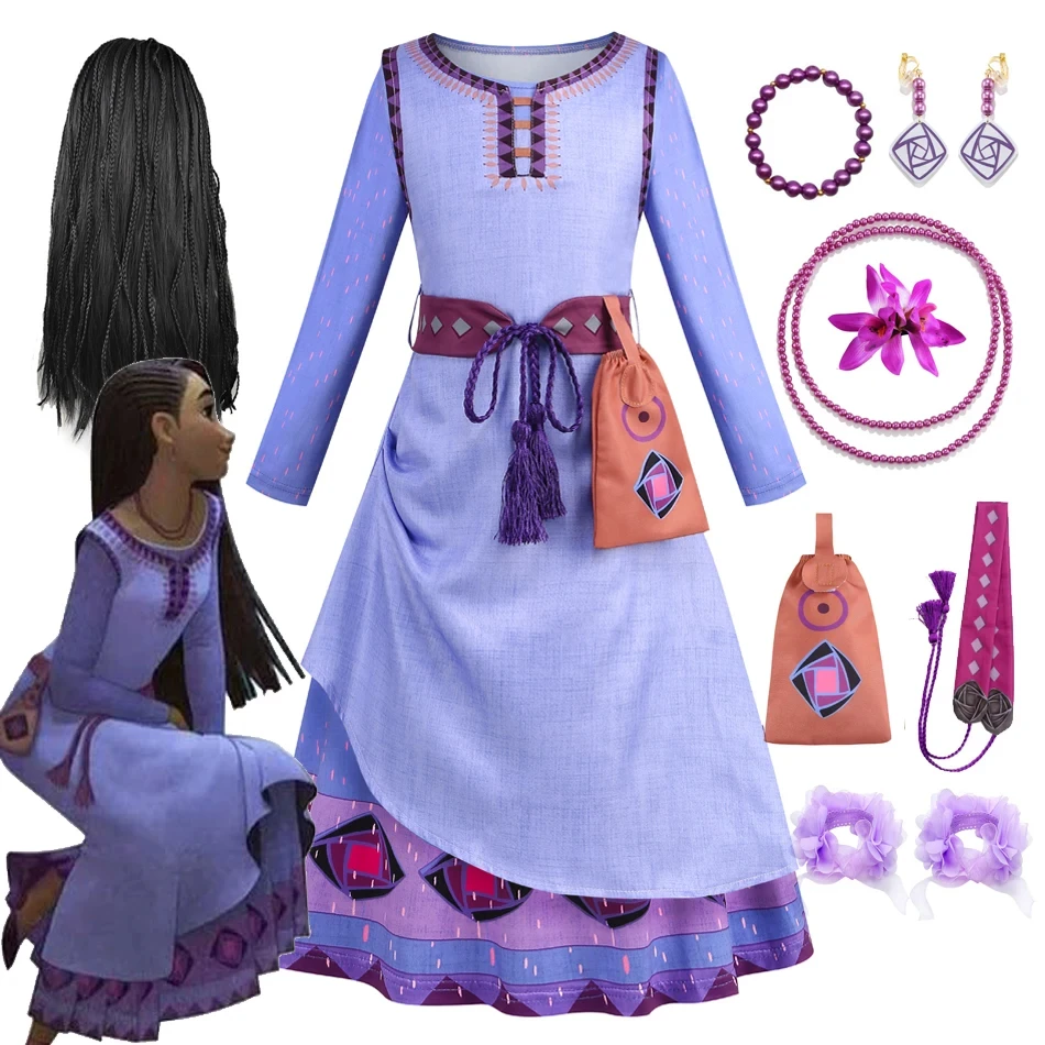 

Disney Princess Asha Costume Girls Wish Fancy Dress Up Kids Movie Asha Cosplay Bell Bag 3pcs Outfits Halloween Christmas Party