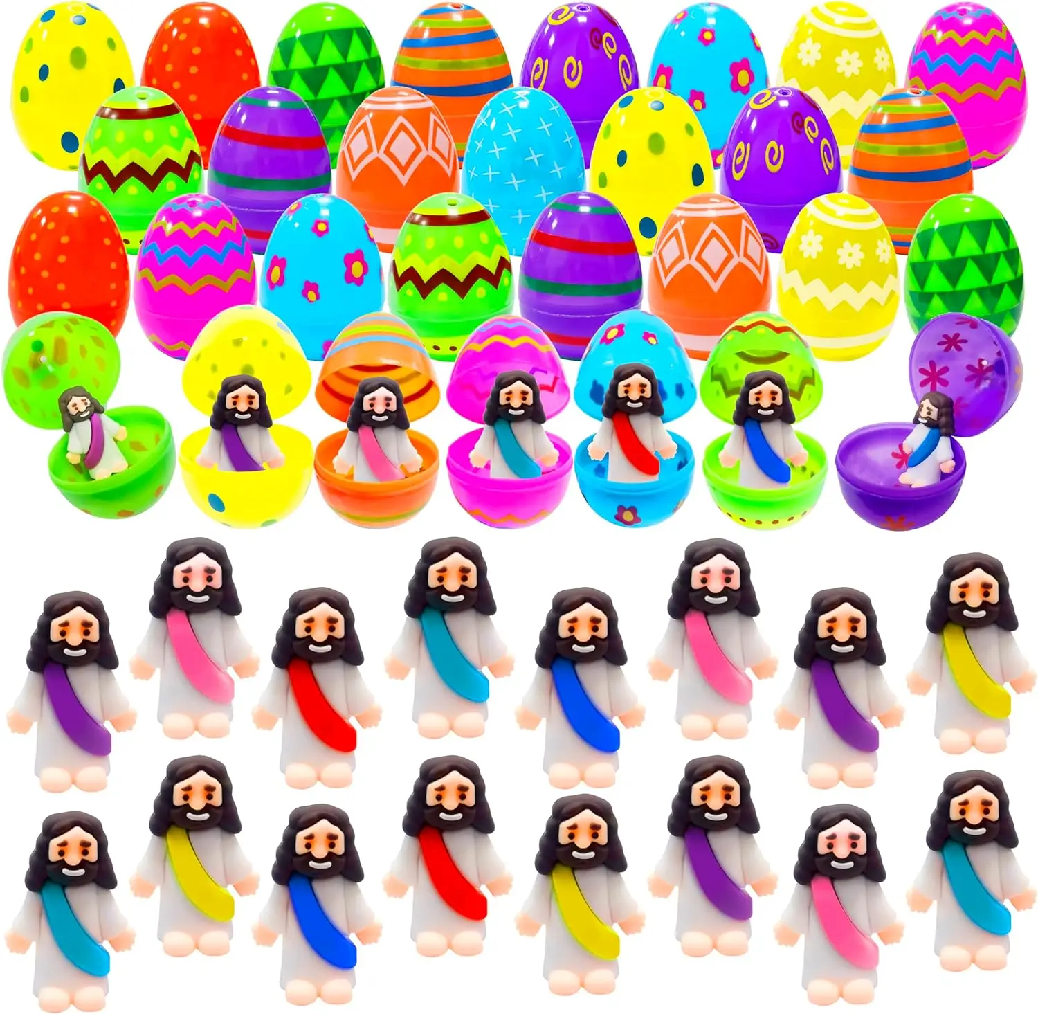 

24 Pcs Prefilled Easter Eggs with Mini Jesus Figurines Resin Toys Great for Kids Easter Egg Hunt Fillers Easter Basket Stuffers