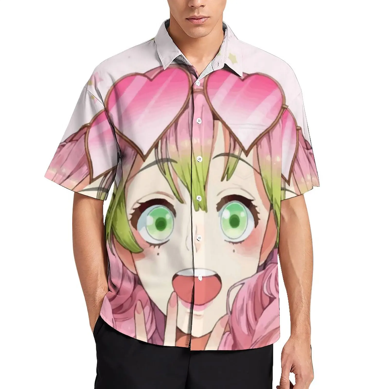 

Mitsuri Kanroji Stars Loose Shirt Mens Vacation KIMETSU NO YAIBA Casual Shirts Hawaii Short Sleeve Trendy Oversized Blouses