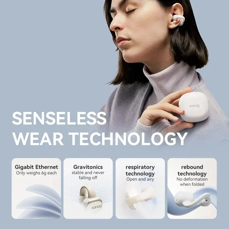 Sanag S5S 무선 블루투스 이어클립 헤드셋, HD 통화, 블루투스 TWS 이어폰, 맞춤형 EQ 헤드폰, 스포츠 프리 클립, 공기 전도