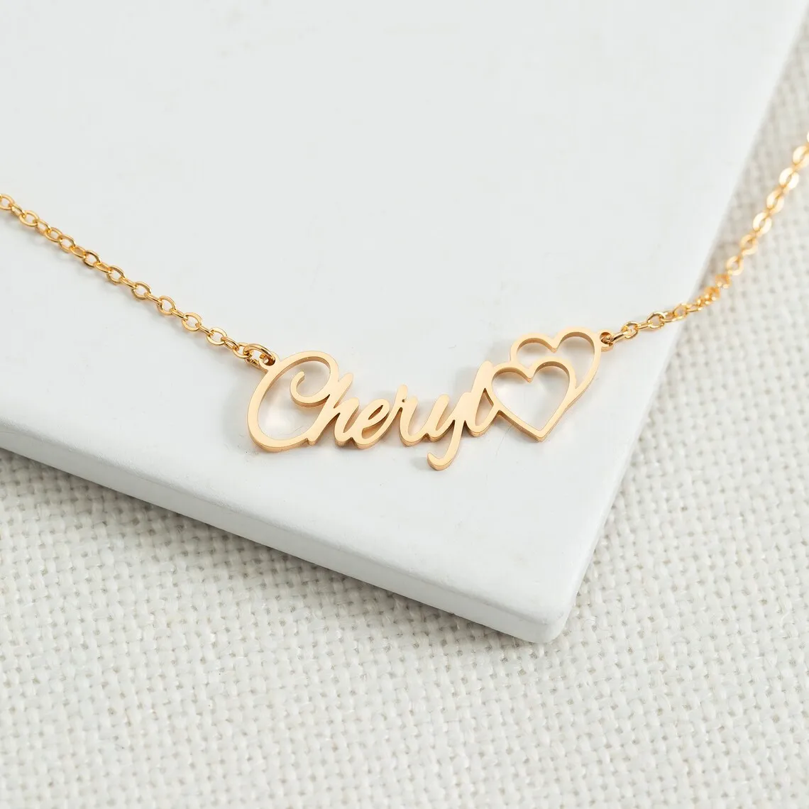 Custom Gold Color Double Heart Name Necklace Women Girl Love Jewelry Personalized Stainless Steel Nameplate Pendant Necklace