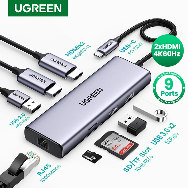 UGREEN Dual HDMI USB HUB 8K HDMI Adapter 10 in 1 Splitter with RJ45 USB 3.0  PD 100W Dock for MacBook Pro Air M2 M1 USB C HUB