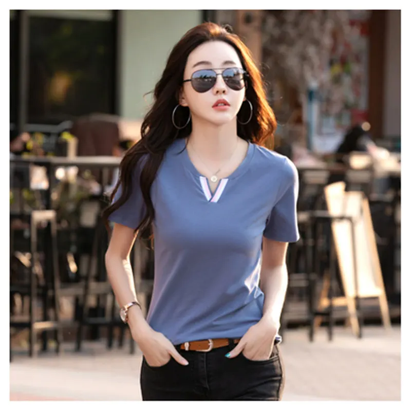 

2021 new Korean summer fashion V-neck short sleeve slim T-shirt woman black