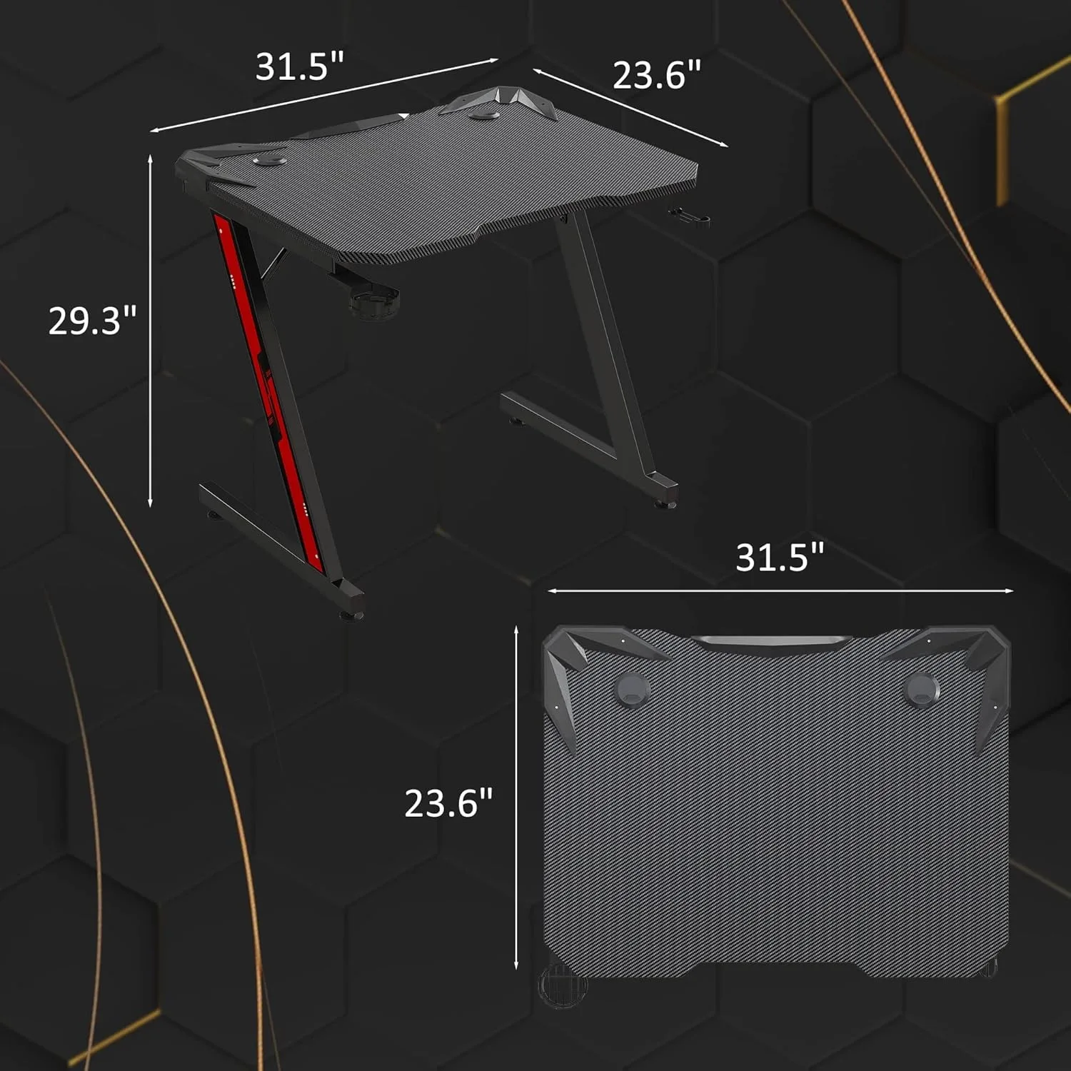 Gaming Computer Desk with Carbon Fiber Surface, Gaming Table Z Shaped Pc Home Office with Cup Holder&Headphone Hook(32 in) 3