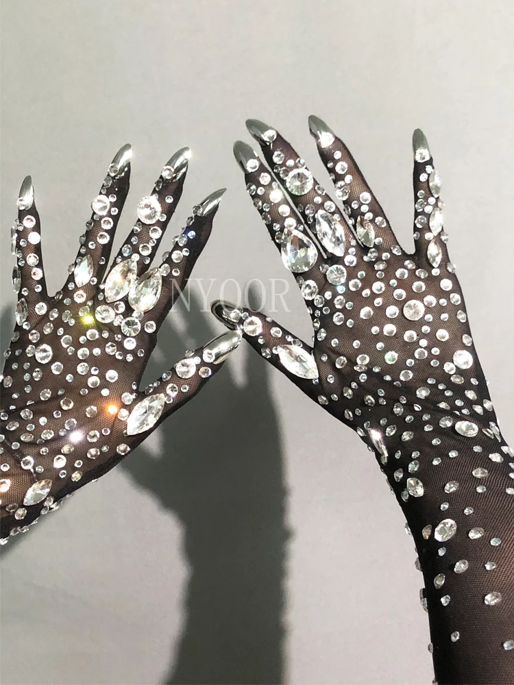 Mesh Gloves Shining Crystals Stones Long Mittens Rhinestones Stretch Transparent Bar Singer Party Stage Wear Accessories-rhinestones gloves