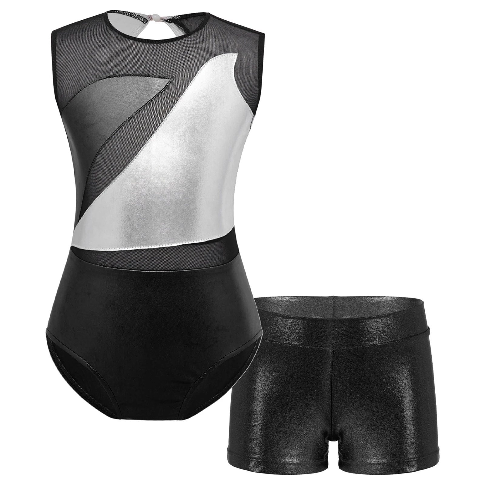 Toddler Kids Girls Metallic Sports Dance Bodysuits Gymnastics Dancewear Sleeveless Keyhole Back Dancing Leotard with Shorts Sets