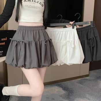 Zjaiss 2026 Summer Ballet Style Bow A-Line Women's Mini Skirts High Elastic Waist Tie Pleated Bud Balloon Skirt 1