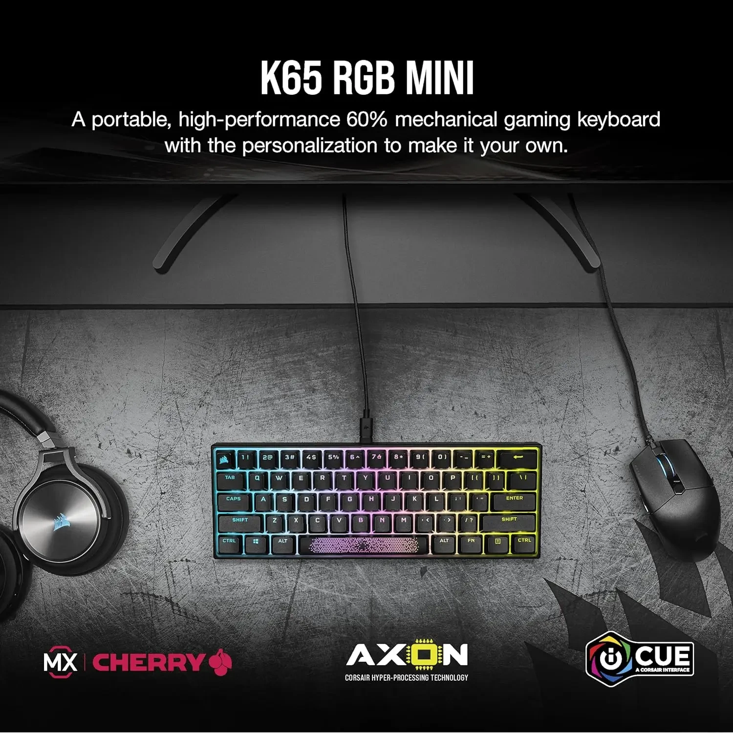 커세어 K65 RGB 미니 60% 기계식 게이밍 키보드, 키당 사용자 정의 가능, RGB 백라이트, 체리 MX 레드 기계식 키스위치