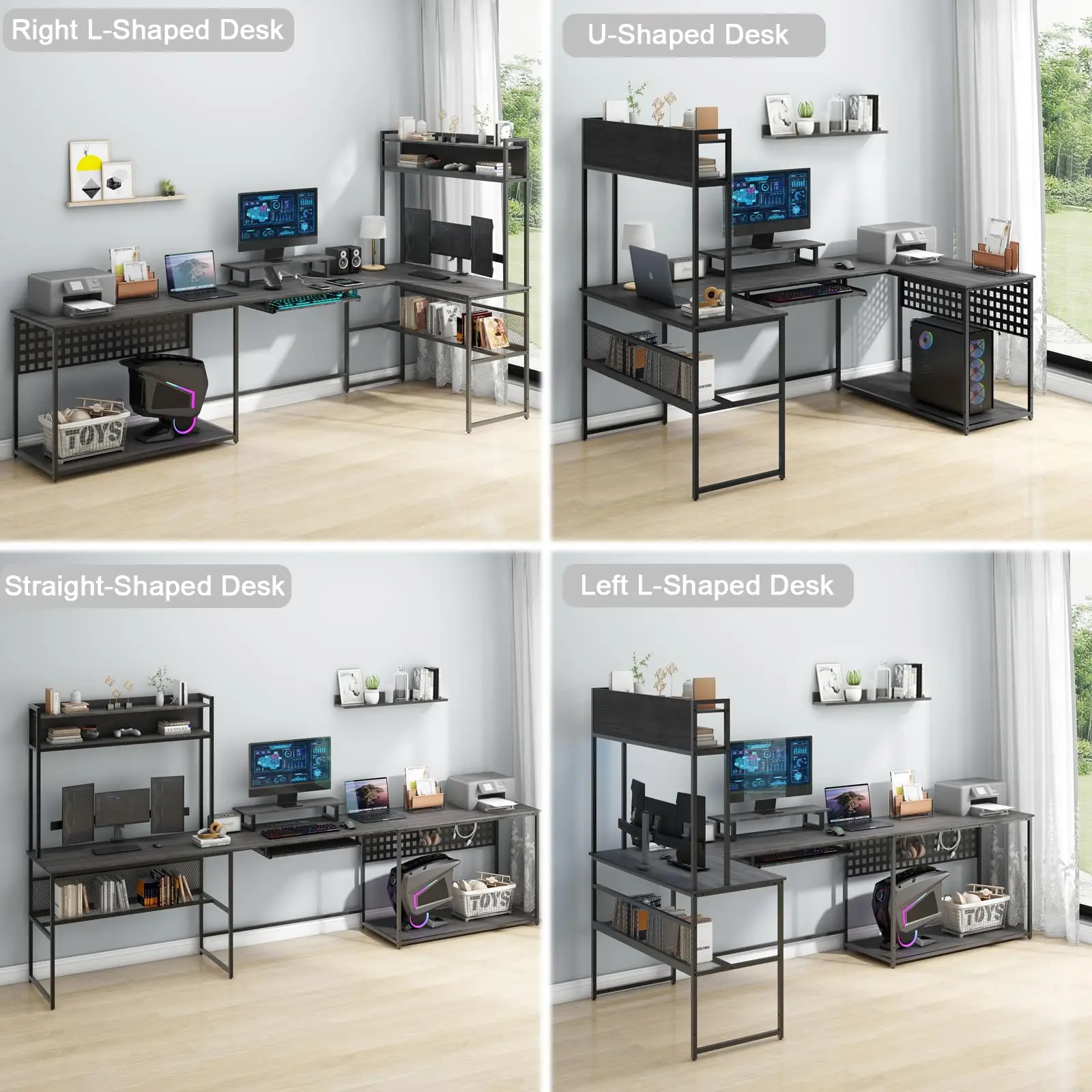 Vabches Computer Desk with Monitor Stand&LED Light Reversible Gaming Desk with Charging Station&Storage Shelves for Home Office 4