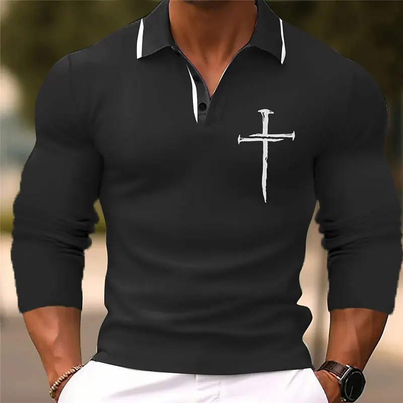 Men's 3D Printed Cross Pattern Golf Shirt Long Sleeve Polo Shirt Business Casual