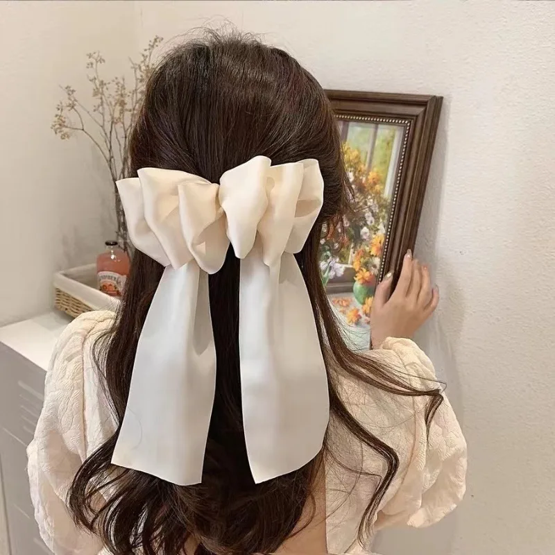 

Korean Satin Bow Streamers Large Hair Clip for Women Spring Summer Chiffon Ribbon Bowknot Temperament Hairpin Headdress