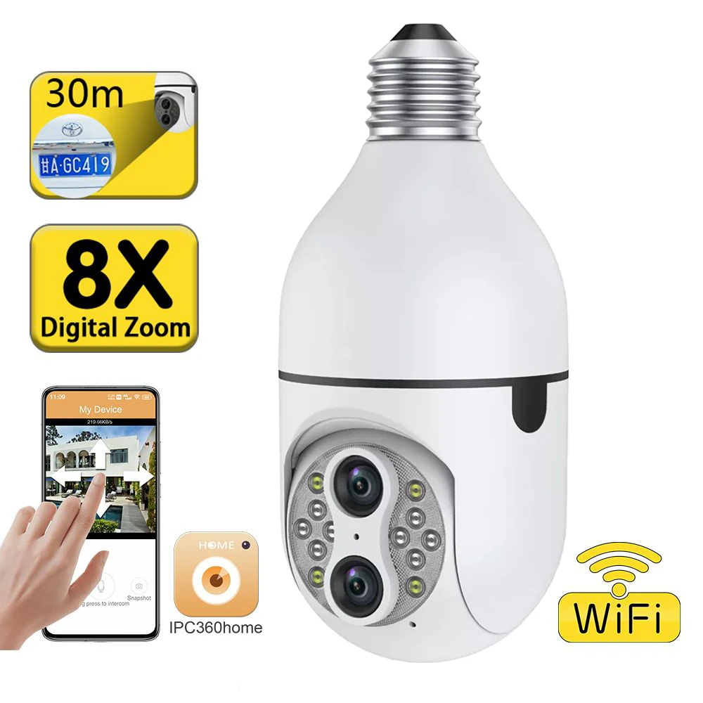 Surveillance 4MP Dual Lens E27 Bulb IP Camera WIFI 8X Zoom 360 Auto