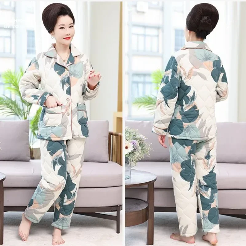2024 New Pajamas Women Autumn Winter Cotton Pajamas Cotton Thickened Sleepwear Warm Homewear Middle-aged Mom Loungewear Set