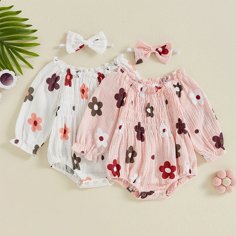Autumn Arrival Baby Girls Long Sleeves Floral Pattern Rompers with Ruffle Collar