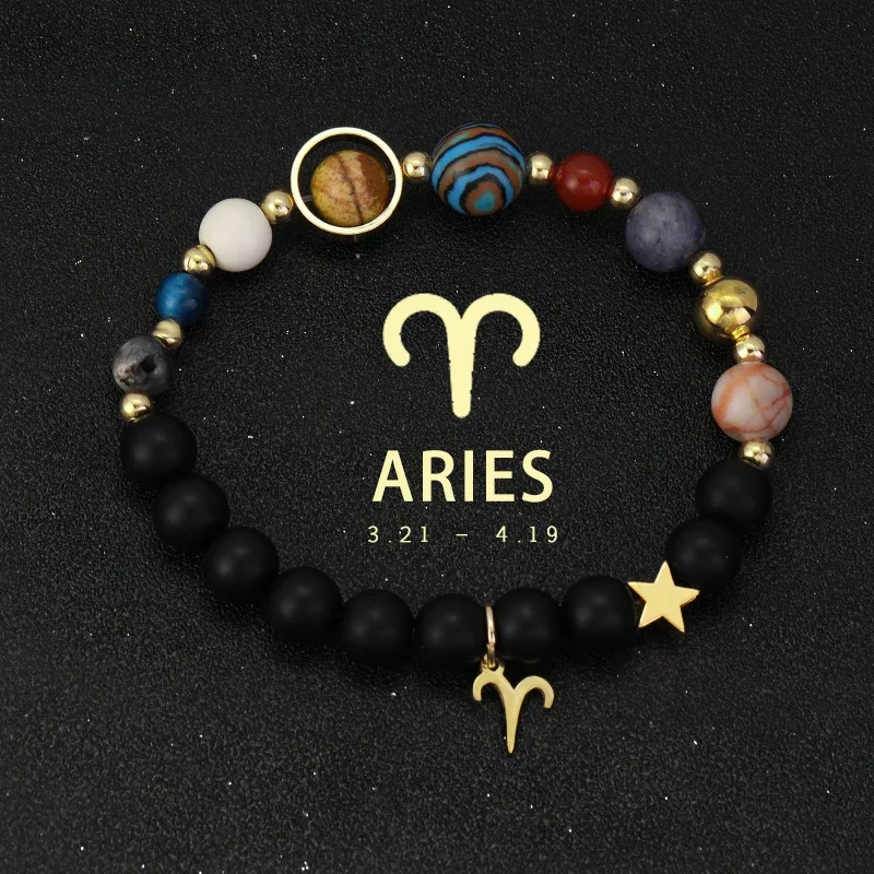 Zodiac Cosmic Galaxy Natural Stone Bracelet Featuring Eight Planets Constellations