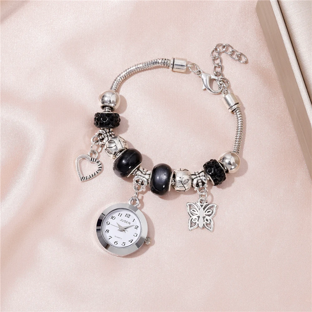 Rhinestone beaded bracelet Love butterfly Pendant Women's bracelet watch 5
