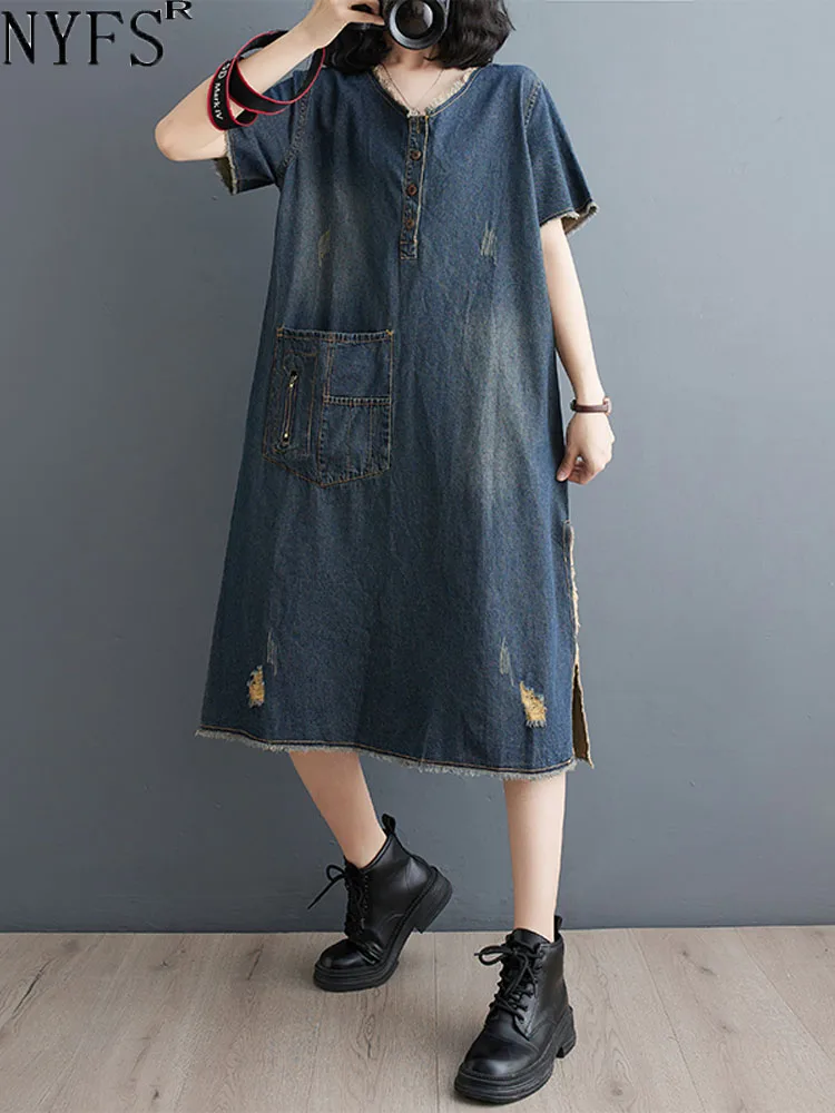 

Женское джинсовое платье NYFS, свободное однотонное платье из денима с коротким рукавом, в Корейском стиле, лето 2024